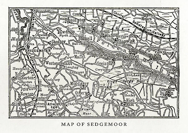 Map of Sedgemoor, Somerset, England Victorian Engraving, 1840