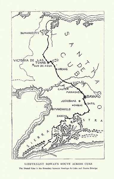 Map showing Lieutenant Andrew Summers Rowan's route across Cuba during Spanish American War