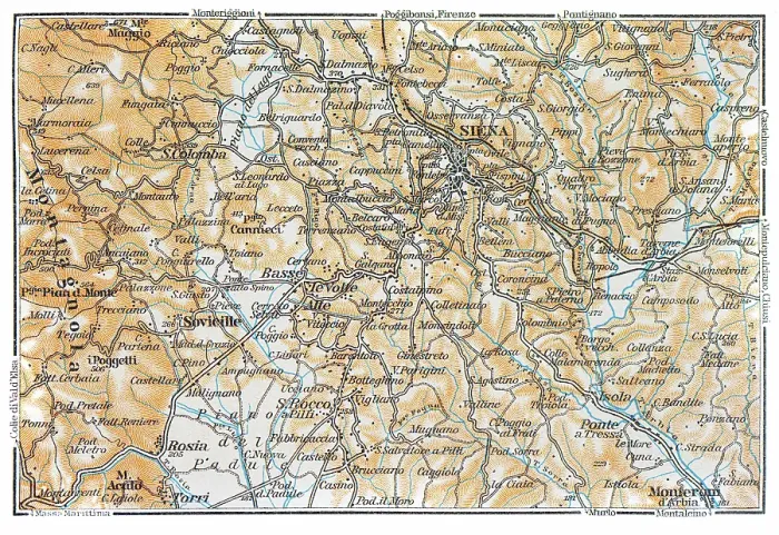 Framed Print : Map of Siena and surroundings, Italy - 1893 Framed Print : Map of Siena and surroundings, Italy - 1893
