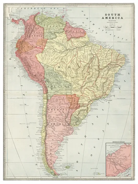 Framed Print : Map of South America 1883 Framed Print : Map of South America 1883