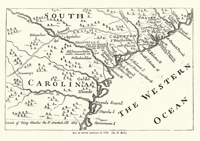 Framed Print : Map of South Carolina in 1730, 18th Century Framed Print : Map of South Carolina in 1730, 18th Century