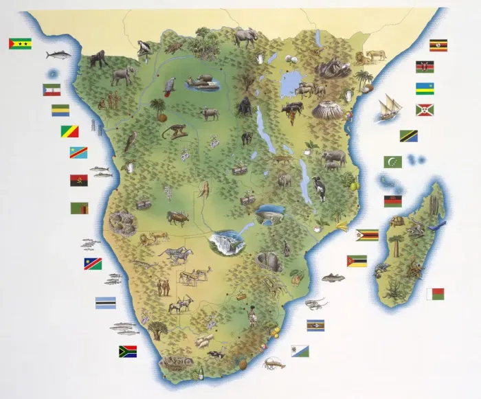 Framed Print : Map of Southern Africa, with illustrations showing distinguishing features