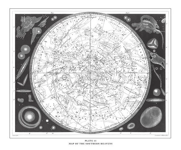 Map of the Southern Heavens Engraving Antique Illustration, Published 1851