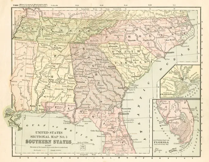 Framed Print : Map Southern States 1881 Framed Print : Map Southern States 1881