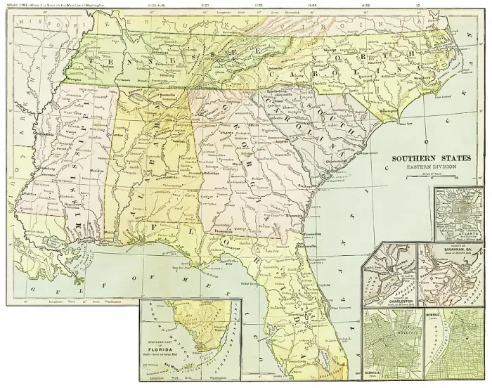 Framed Print : Map of the Southern states 1899 Framed Print : Map of the Southern states 1899
