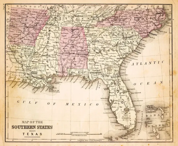 Framed Print : Map of Southern states USA 1883 Framed Print : Map of Southern states USA 1883