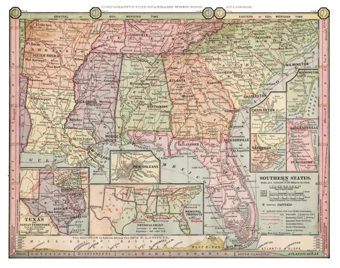 Framed Print : Map of Southern states1889 Framed Print : Map of Southern states1889