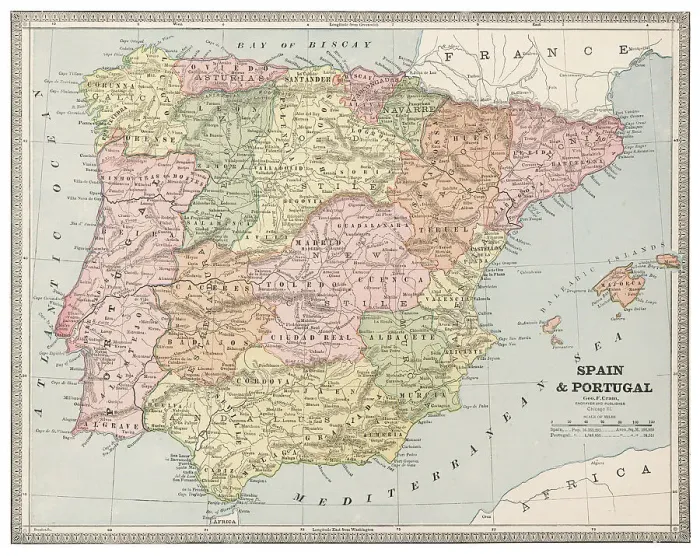 Framed Print : Map of Spain and Portugal 1883
