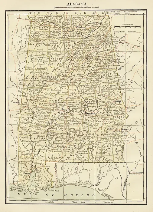 Framed Print : Map of the state of Alabama, USA 1878 Framed Print : Map of the state of Alabama, USA 1878