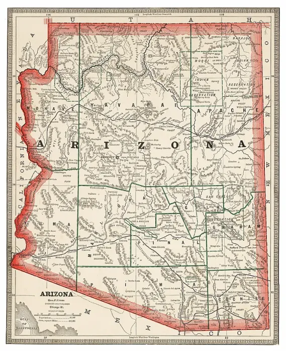 Framed Print : Map of the state of Arizona, USA 1883 Framed Print : Map of the state of Arizona, USA 1883