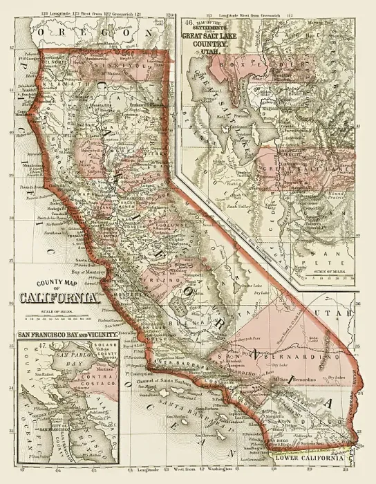 Framed Print : Map of the state of California, USA 1865 Framed Print : Map of the state of California, USA 1865