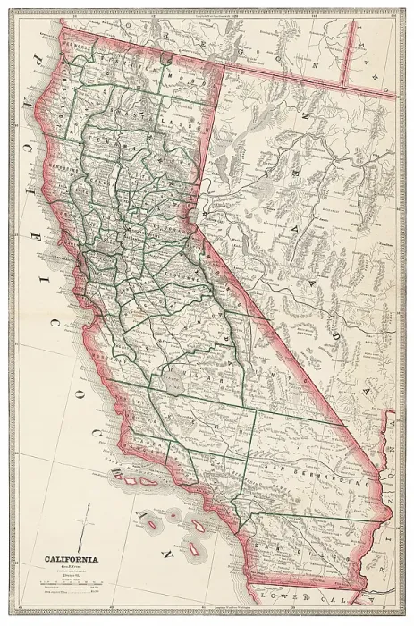 Framed Print : Map of the state of California, USA 1883 Framed Print : Map of the state of California, USA 1883