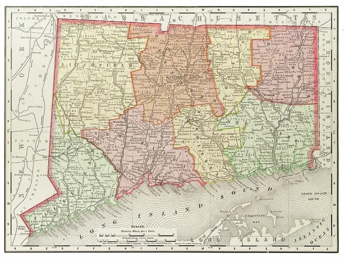 Framed Print : Map of the state of Connecticut, USA 1899