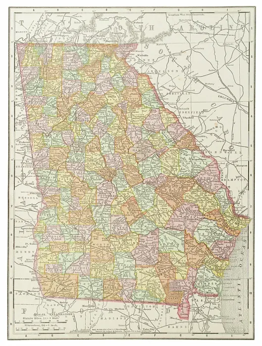 Framed Print : Map of the state of Georgia, USA 1899 Framed Print : Map of the state of Georgia, USA 1899