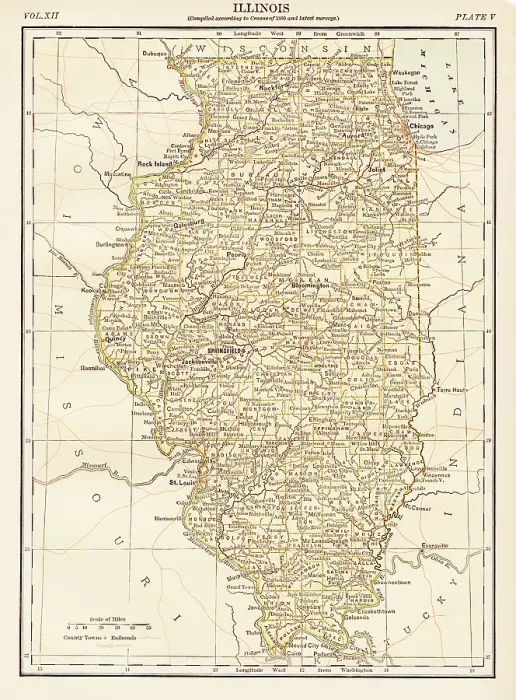 Framed Print : Map of the state of Illinois, USA 1878 Framed Print : Map of the state of Illinois, USA 1878