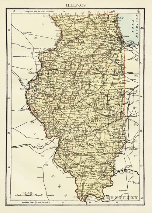 Framed Print : Map of the state of Illinois, USA 1878