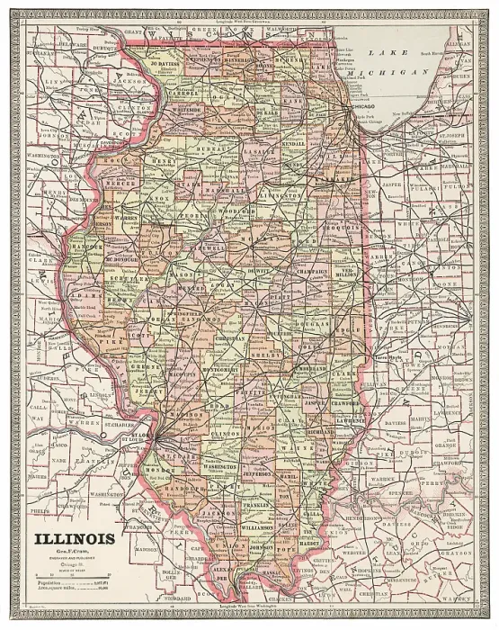 Framed Print : Map of the state of Illinois, USA 1883 Framed Print : Map of the state of Illinois, USA 1883