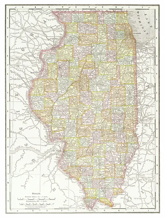 Framed Print : Map of the state of Illinois, USA 1899 Framed Print : Map of the state of Illinois, USA 1899