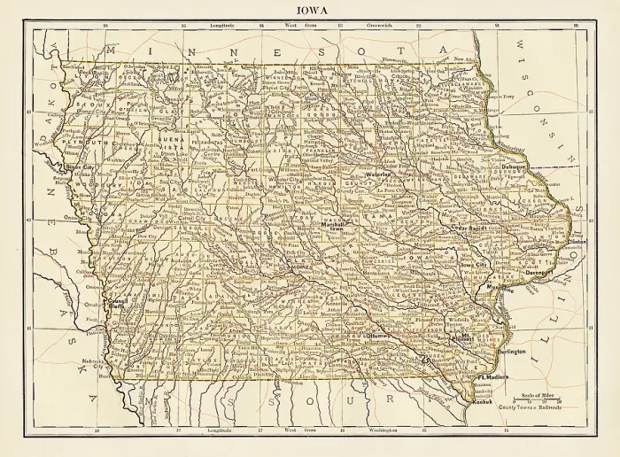 Framed Print : Map of the state of Iowa, USA 1878 Framed Print : Map of the state of Iowa, USA 1878