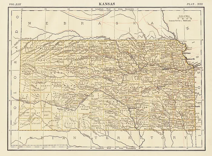 Framed Print : Map of the state of Kansas, USA 1878 Framed Print : Map of the state of Kansas, USA 1878