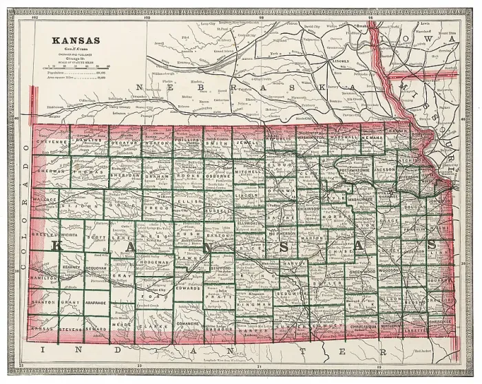 Framed Print : Map of the state of Kansas, USA 1883 Framed Print : Map of the state of Kansas, USA 1883