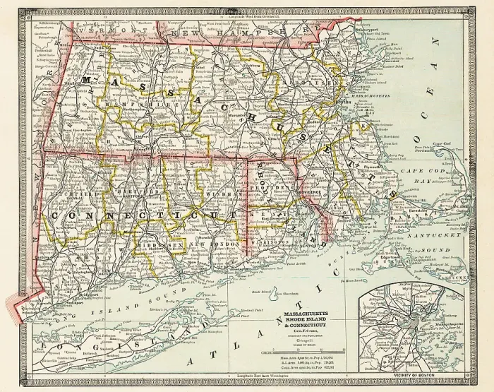 Framed Print : Map of the state of Massachusetts and Connecticut, USA 1883 Framed Print : Map of the state of Massachusetts and Connecticut, USA 1883