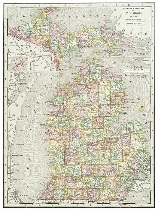 Framed Print : Map of the state of Michigan, USA 1899 Framed Print : Map of the state of Michigan, USA 1899