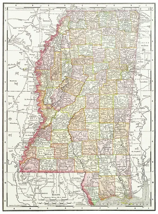 Framed Print : Map of the state of Mississippi, USA 1899 Framed Print : Map of the state of Mississippi, USA 1899