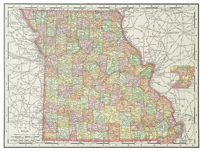 Framed Print : Map of the state of Missouri, USA 1899 Framed Print : Map of the state of Missouri, USA 1899