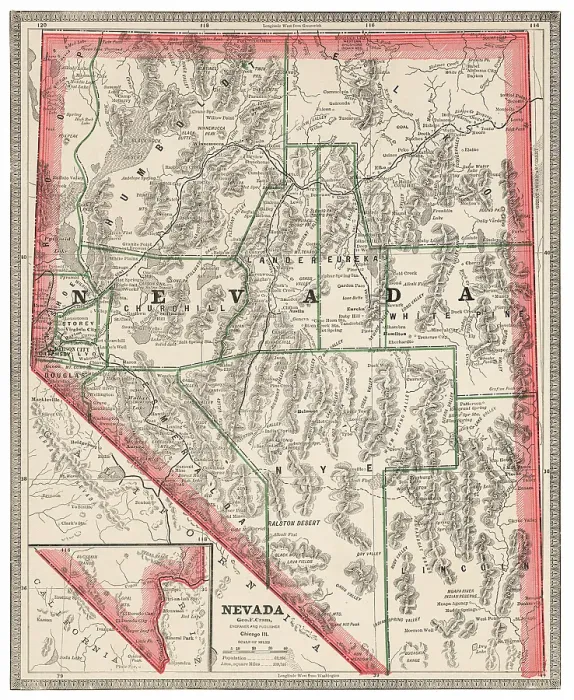 Framed Print : Map of the state of Nevada, USA 1883