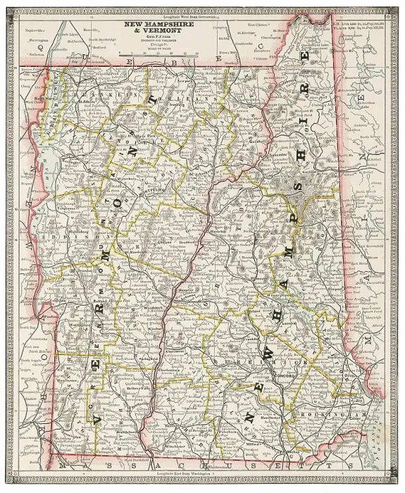 Framed Print : Map of the state of New Hampshire and Vermont, USA 1883 Framed Print : Map of the state of New Hampshire and Vermont, USA 1883
