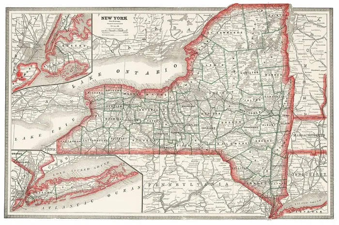 Framed Print : Map of the state of New York, USA 1883 Framed Print : Map of the state of New York, USA 1883