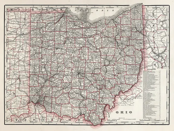 Framed Print : Map of the state of Ohio, USA 1880 Framed Print : Map of the state of Ohio, USA 1880
