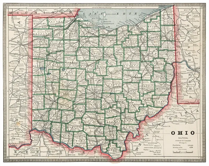 Framed Print : Map of the state of Ohio, USA 1883 Framed Print : Map of the state of Ohio, USA 1883