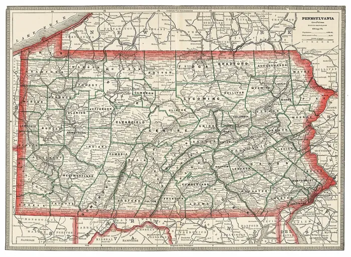 Framed Print : Map of the state of Pennsylvania, USA 1883 Framed Print : Map of the state of Pennsylvania, USA 1883