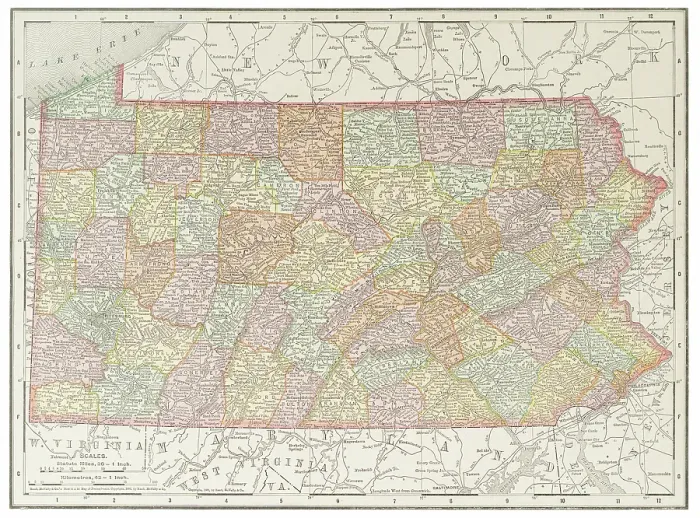Framed Print : Map of the state of Pennsylvania, USA 1899 Framed Print : Map of the state of Pennsylvania, USA 1899