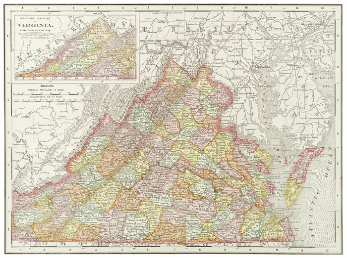 Framed Print : Map of the state of Virginia, USA 1899 Framed Print : Map of the state of Virginia, USA 1899