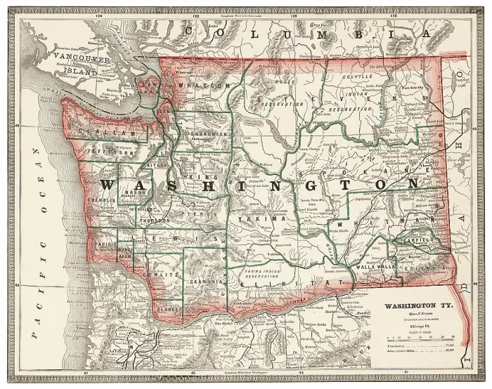 Framed Print : Map of the state of Washington, USA 1883 Framed Print : Map of the state of Washington, USA 1883