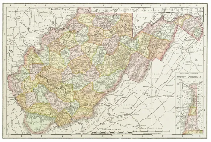 Framed Print : Map of the state of West Virginia, USA 1899 Framed Print : Map of the state of West Virginia, USA 1899