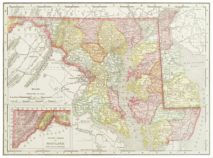 Framed Print : Map of the states of Delaware and Maryland, USA 1899 Framed Print : Map of the states of Delaware and Maryland, USA 1899