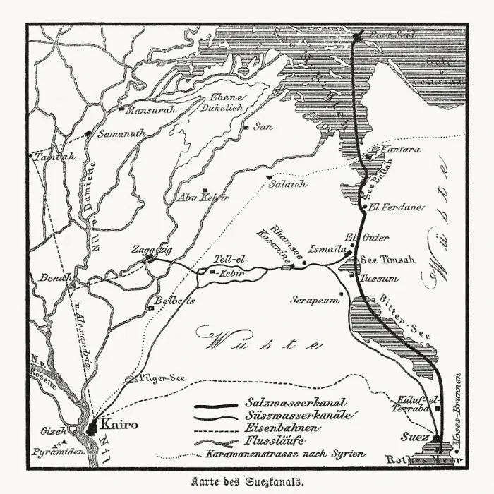 Framed Print : Map of the Suez Canal, Egypt, wood engraving, published in 1869 Framed Print : Map of the Suez Canal, Egypt, wood engraving, published in 1869