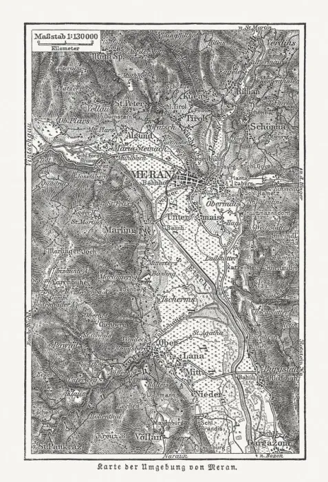 Framed Print : Map of the surroundings of Merano, wood engraving, published 1897 Framed Print : Map of the surroundings of Merano, wood engraving, published 1897