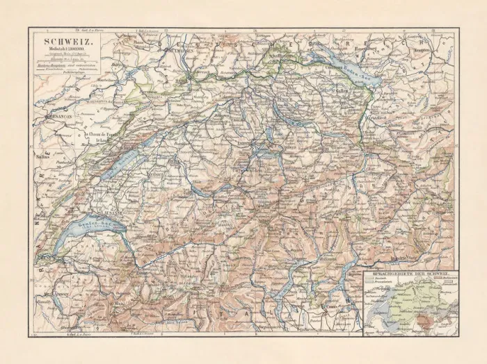 Framed Print : Map of Switzerland and the different language areas, lithograph, 1897