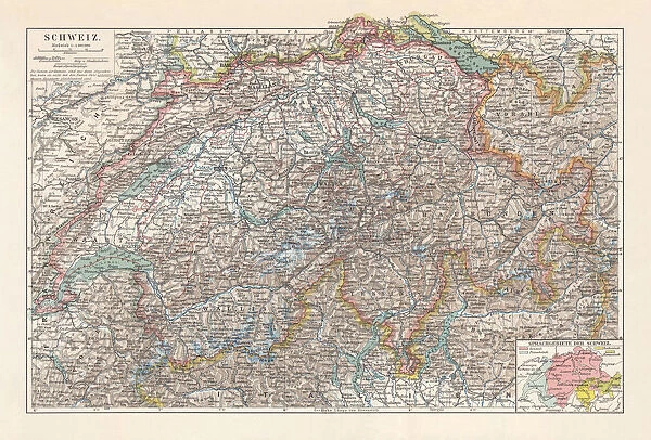 Map of Switzerland and the different language areas, lithograph, 1897