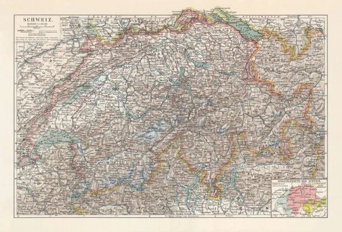 Framed Print : Map of Switzerland and the different language areas, lithograph, 1897 Framed Print : Map of Switzerland and the different language areas, lithograph, 1897