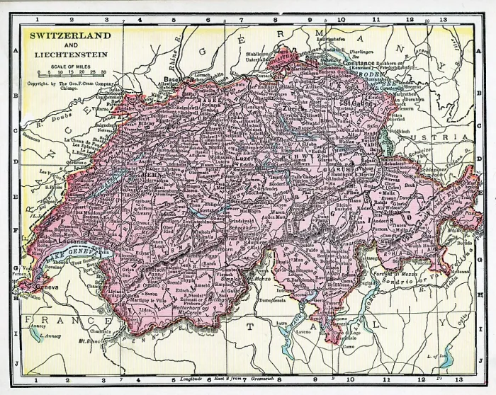 Framed Print : Map Of Switzerland And Liecthenstein Framed Print : Map Of Switzerland And Liecthenstein