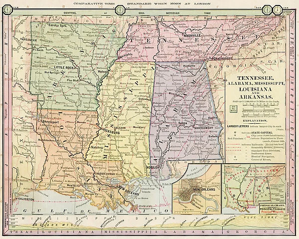 Map of Tennessee, Alabama, Louisiana states 1886