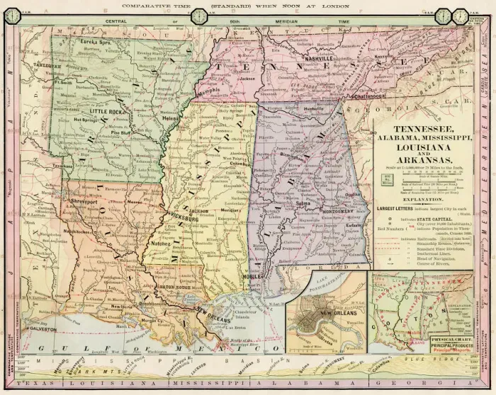 Framed Print : Map of Tennessee, Alabama, Louisiana states 1886 Framed Print : Map of Tennessee, Alabama, Louisiana states 1886