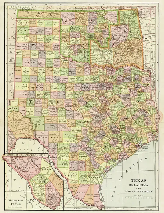 Framed Print : Map Texas Oklahoma 1899 Framed Print : Map Texas Oklahoma 1899