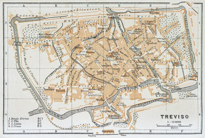Framed Print : Map of Treviso, a city in northeastern Italy with many canals, Italy - 1893 Framed Print : Map of Treviso, a city in northeastern Italy with many canals, Italy - 1893